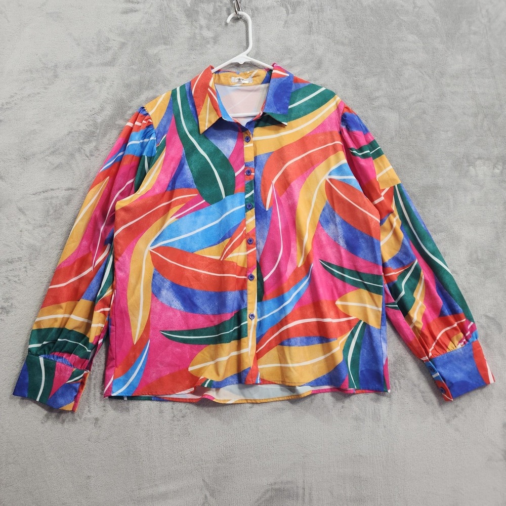 Zeagoo Top Womens XXL Multicolor Tropical Leaf Button Front Collared Blouse